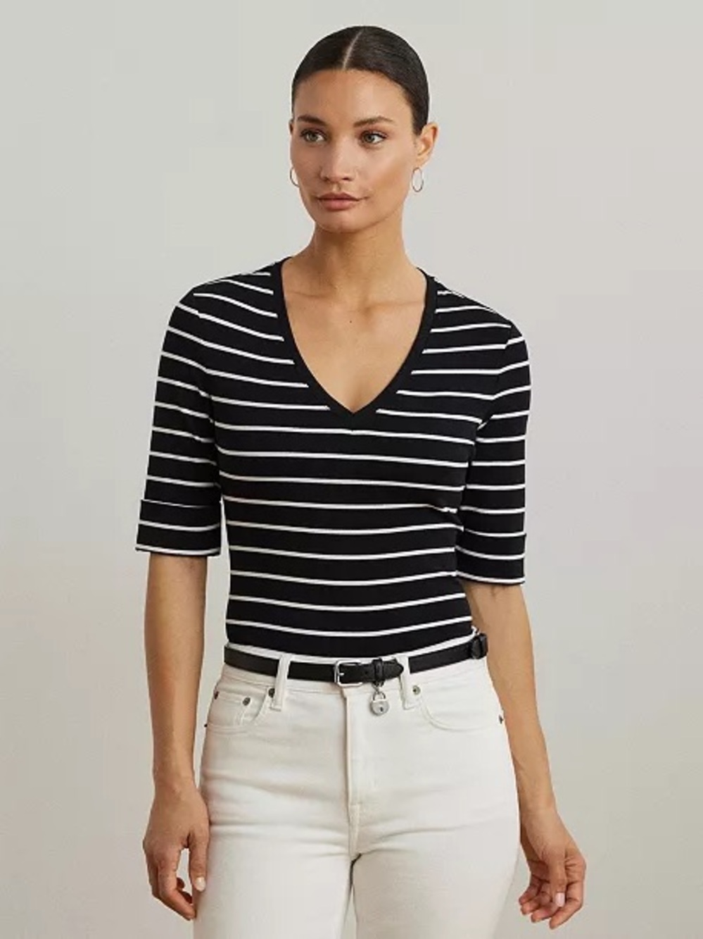 Ralph Lauren Black & White Striped V-Neck Short Sleeve Top